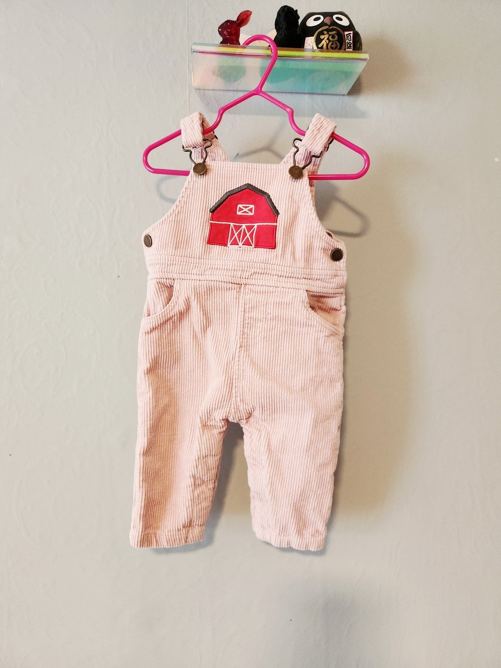 Angel Dear 6-12 Month Pink Corduroy Overalls with Red Barn Patch